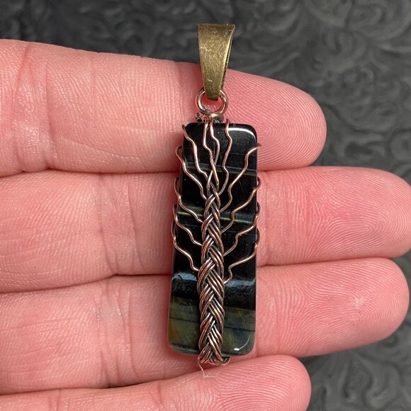 Blue Tigers Hawk Eye Wire Wrapped Tree of Life Pendant Stone Crystal Jewelry - Picture 3 of 7